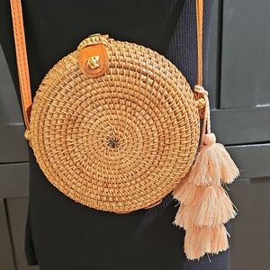 Woven Round Crossbody Bag with Tassel - Tan